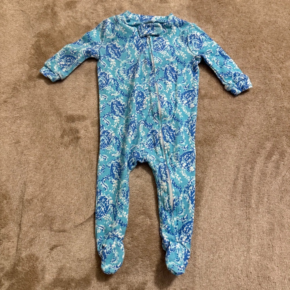 Lilly Pulitzer Pottery Barn Kids Blue Sea Turtle Footed Sleeper Pajamas 0-3M